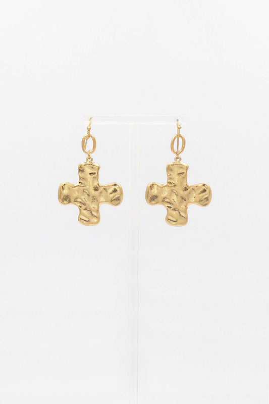 Hammered Chunky Cross with Crystal Drop 1" Earring