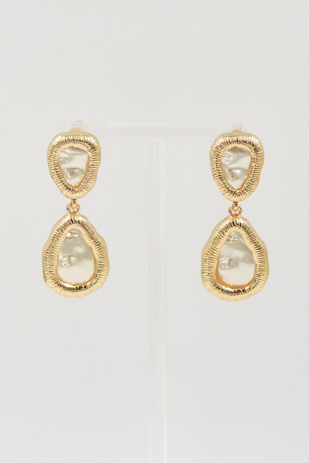 Flat Pearl with Gold Bar Double Drop Triangle 1.5" Earring