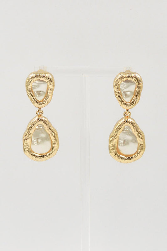 Flat Pearl with Gold Bar Double Drop Triangle 1.5" Earring