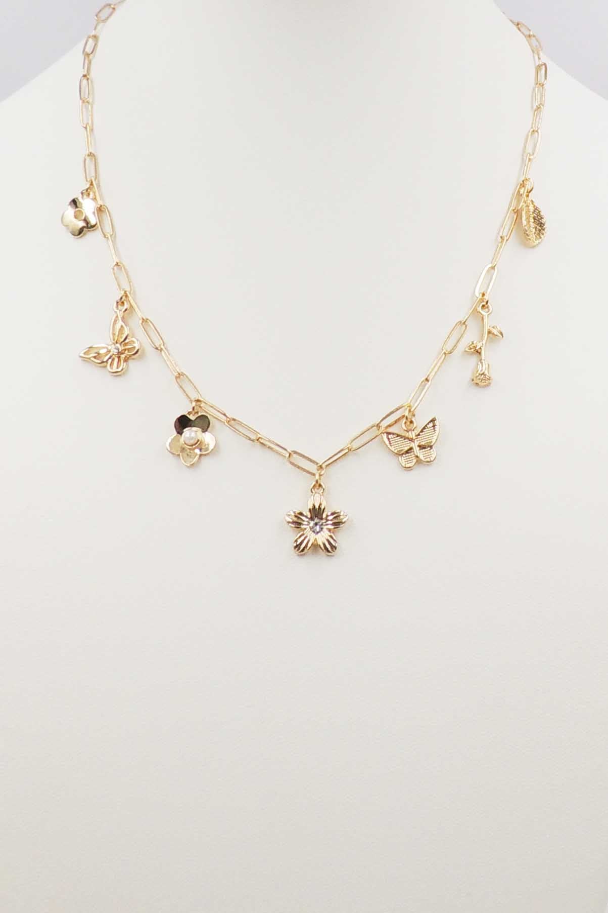 Gold Flower and Butterfly Charm 16"-18" Necklace