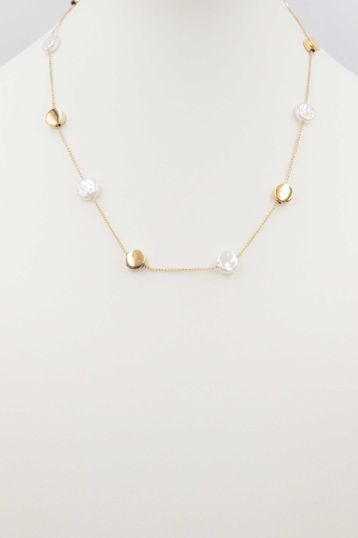 Stainless Steel Flat Pearl and Gold 16"-18" Necklace