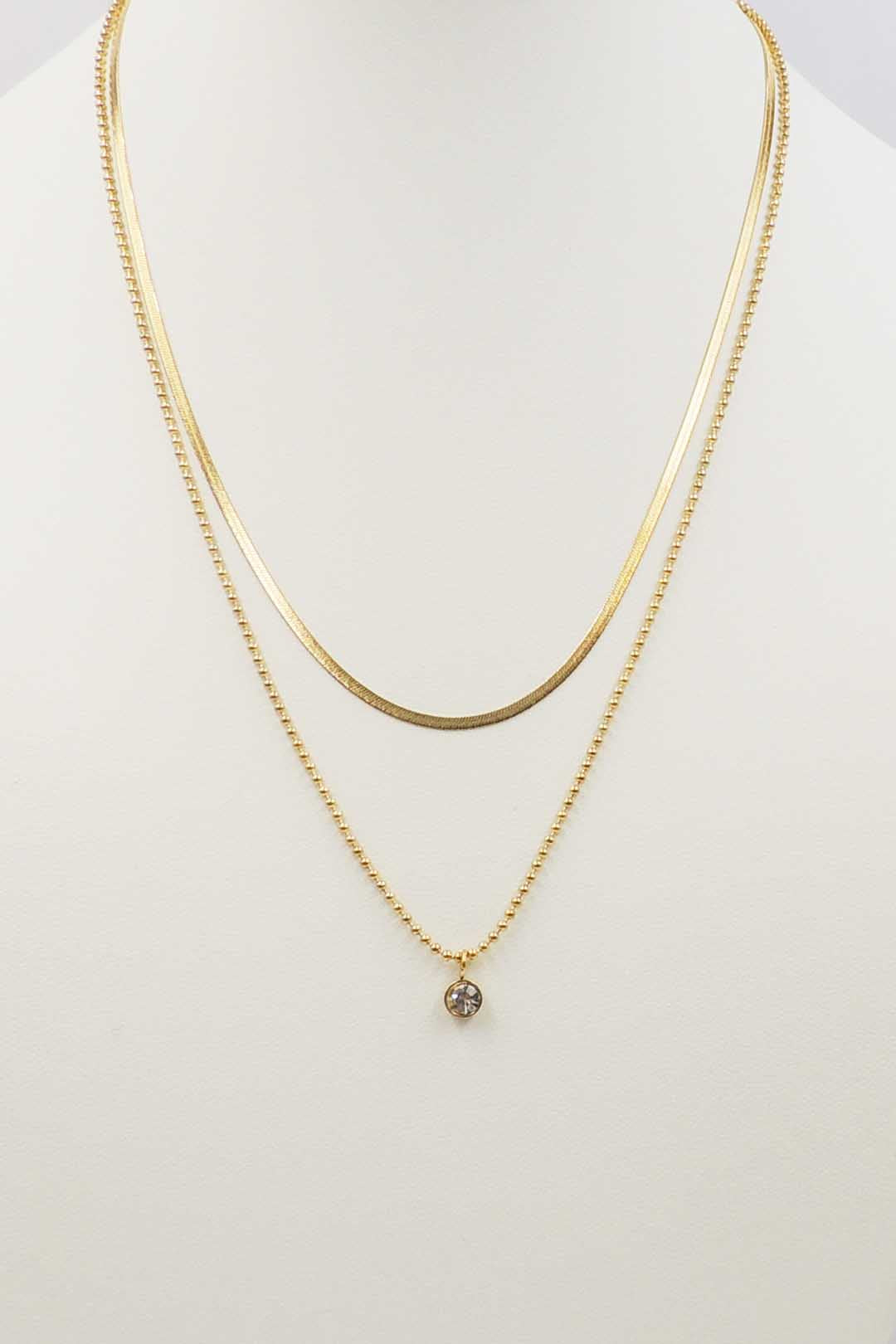 Stainless Steel Double Layered Gold Chain with Crystal Drop 16"-18" Necklace