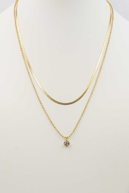 Stainless Steel Double Layered Gold Chain with Crystal Drop 16"-18" Necklace