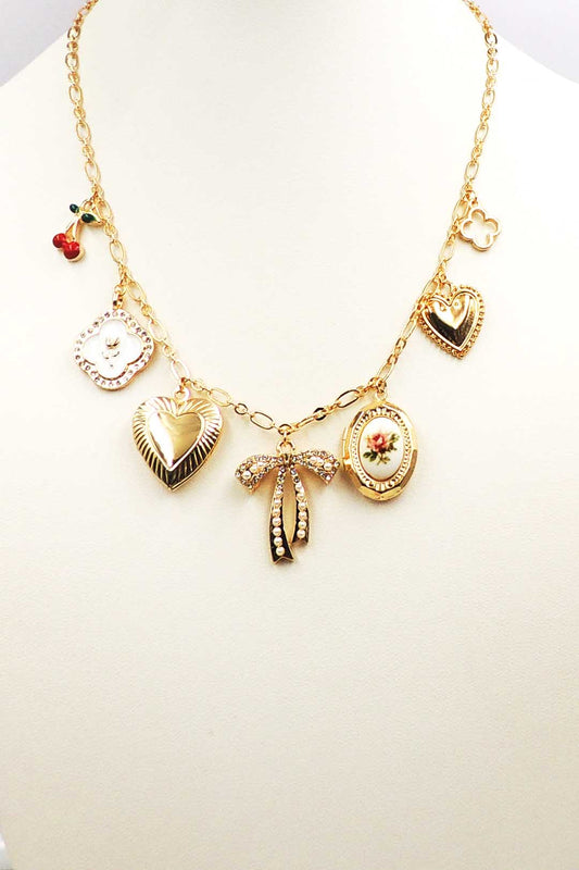 Gold Bow, Hearts, Clover, Cherry Charm 16"-18" Necklace