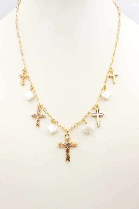 Gold Cross and Pearl Charms on 16"-18" Necklace