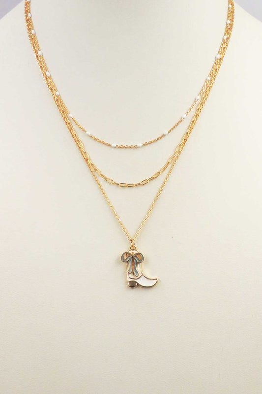 Gold Layered Chain with Blue Bow and White Cowboy Boot Charm 16"-18" Necklace