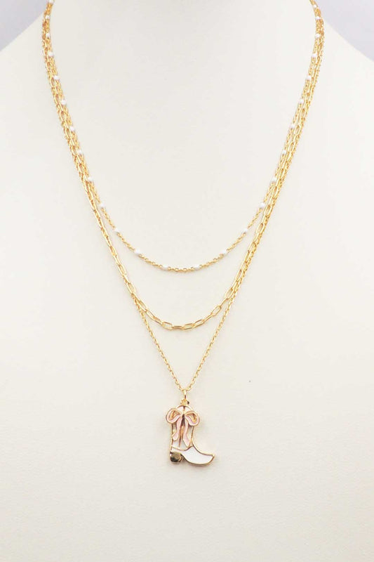 Gold Layered Chain with Pink Bow and White Cowboy Boot Charm 16"-18" Necklace