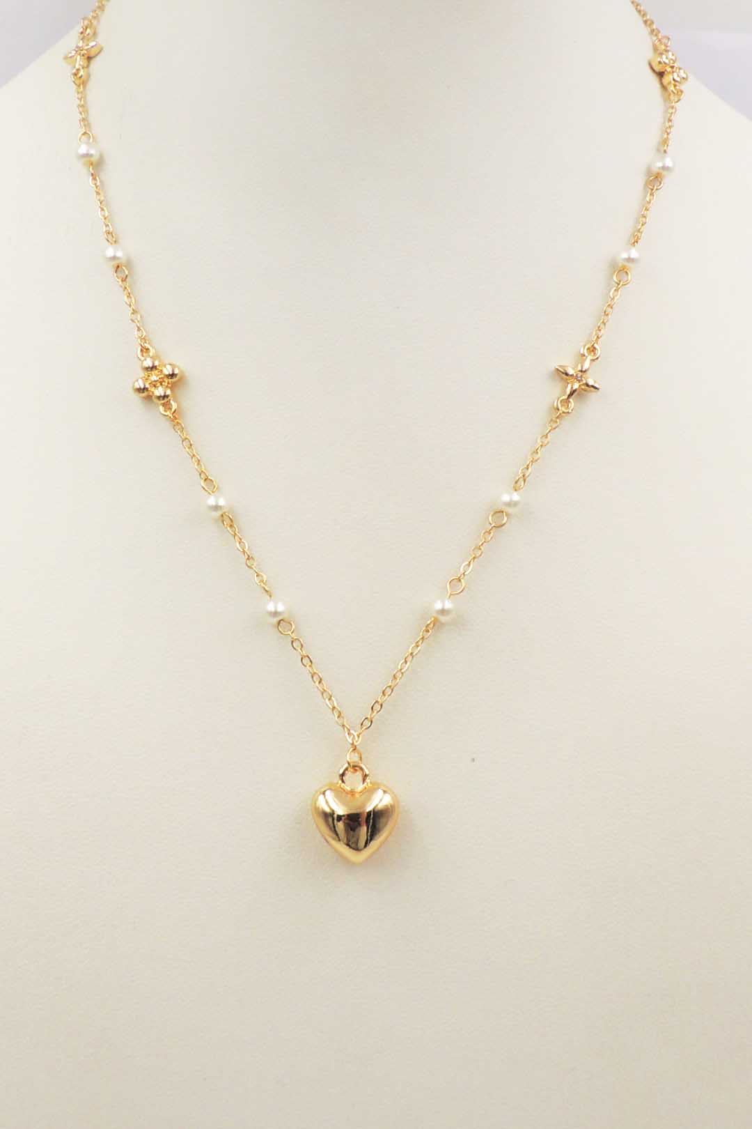Gold Beaded Clover with Pearl and Gold Heart Pendant 16"-18" Necklace