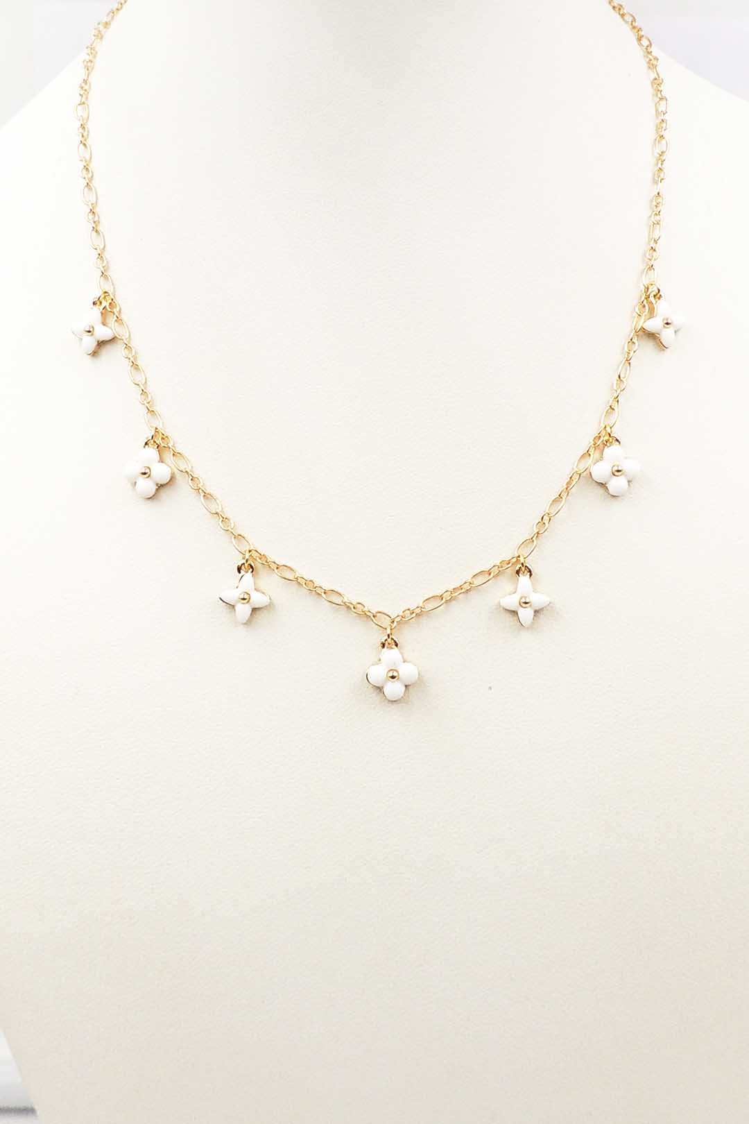 Gold Chain with White Enamel Clover Charms 16"-18" Necklace