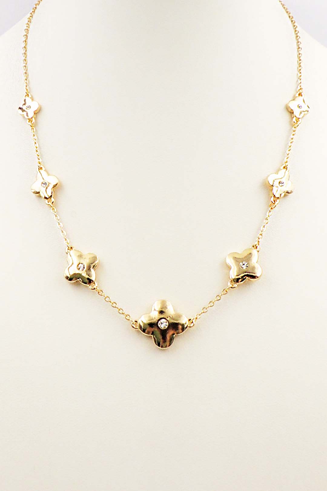 Gold Pointed Clover with Rhinestone 16"-18" Necklace