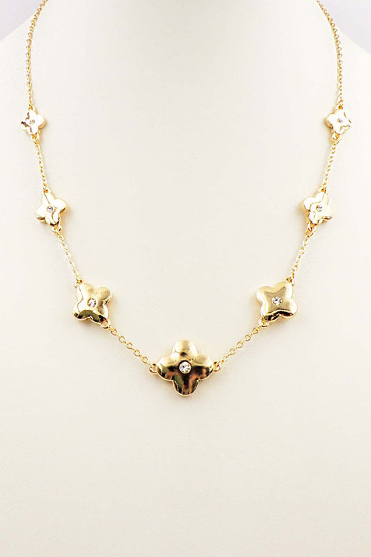 Gold Pointed Clover with Rhinestone 16"-18" Necklace