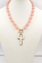 Pink Acrylic Beaded 18" Toggle Necklace with Gold Cross Charm