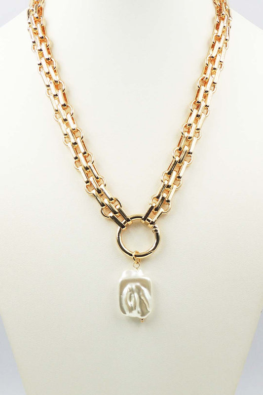 Gold Interlocking Chain with Open Circle and Square Pearl Drop 18" Necklace