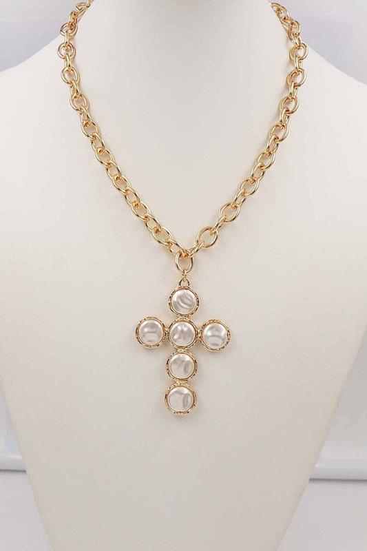 Gold Chain with Coin Pearl Cross 1.75" Charm Necklace