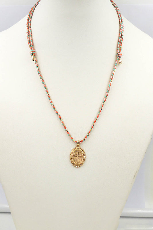 Pink Cord with Cross Stamped Oval Charm Necklace