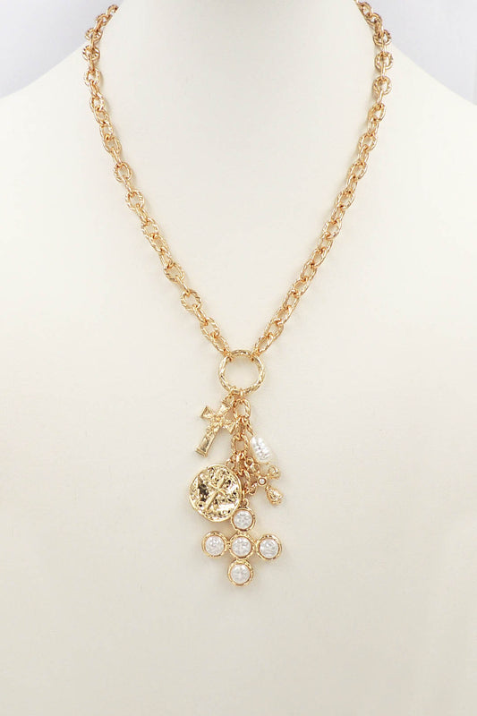 Gold Chain with Pearl Cross and Cross Charms 16"-18" Necklace