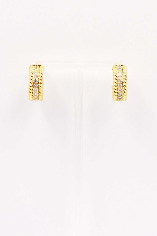 18K Gold Textured with Rhinestone Accent .75" Hoop Earring