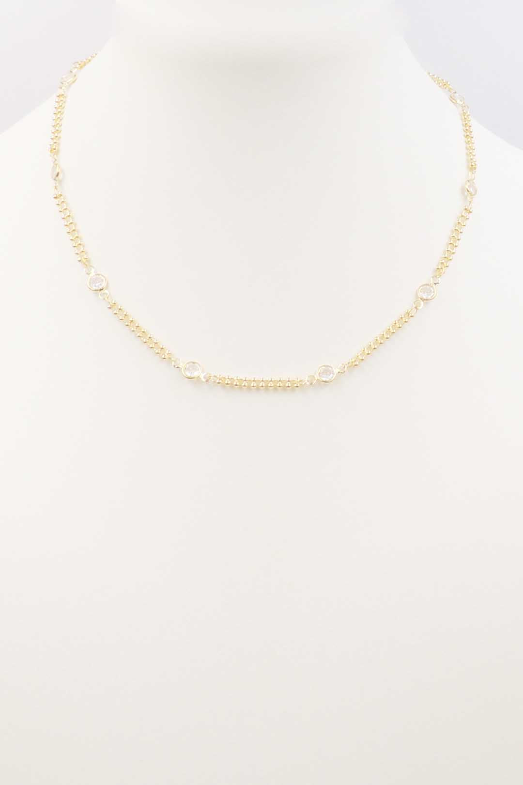 Gold Beaded Chain with CZ Stationed Accents 16"-18" Necklace