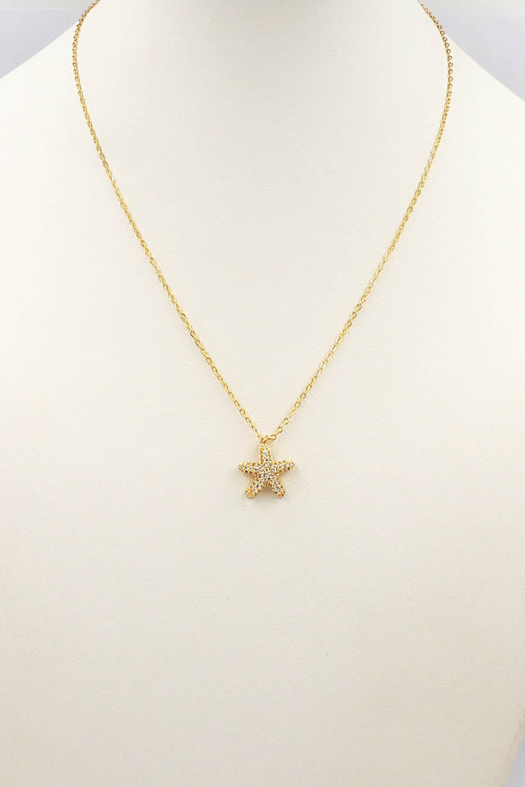 18K Rhinestone Pave Starfish Charm Gold 16"-18" Necklace