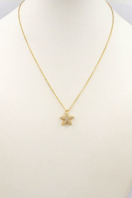 18K Rhinestone Pave Starfish Charm Gold 16"-18" Necklace