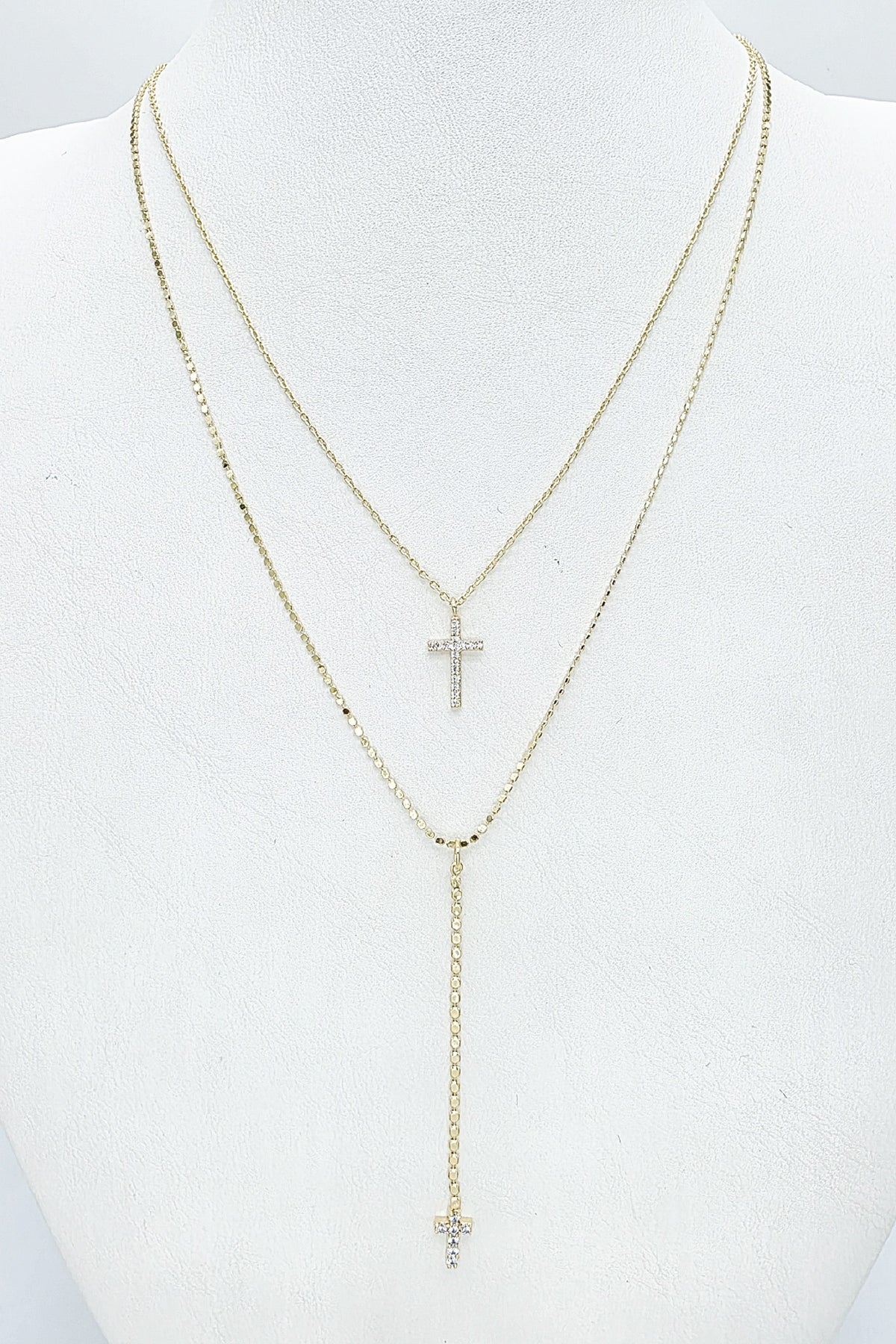 18K Gold Double Layered Rhinestone Cross Necklace