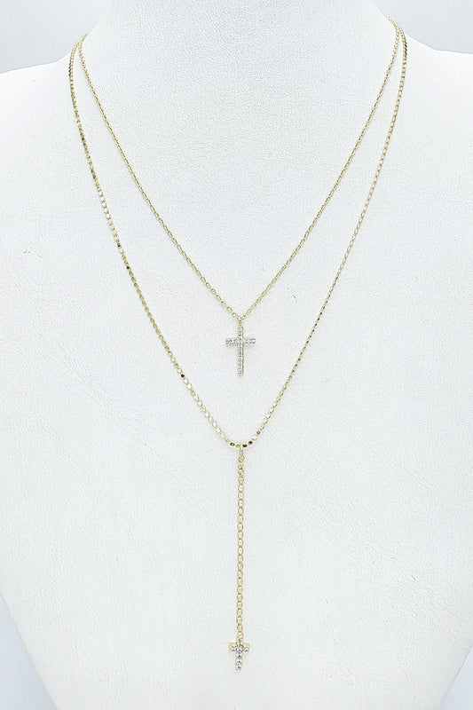 18K Gold Double Layered Rhinestone Cross Necklace