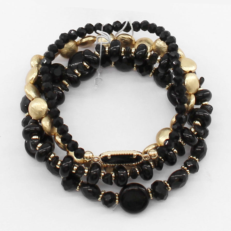 Black Natural Stone and Crystal with Gold Set of 4 Stretch Bracelets
