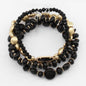 Black Natural Stone and Crystal with Gold Set of 4 Stretch Bracelets