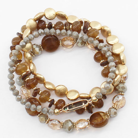 Brown Natural Stone and Crystal with Gold Set of 4 Stretch Bracelets
