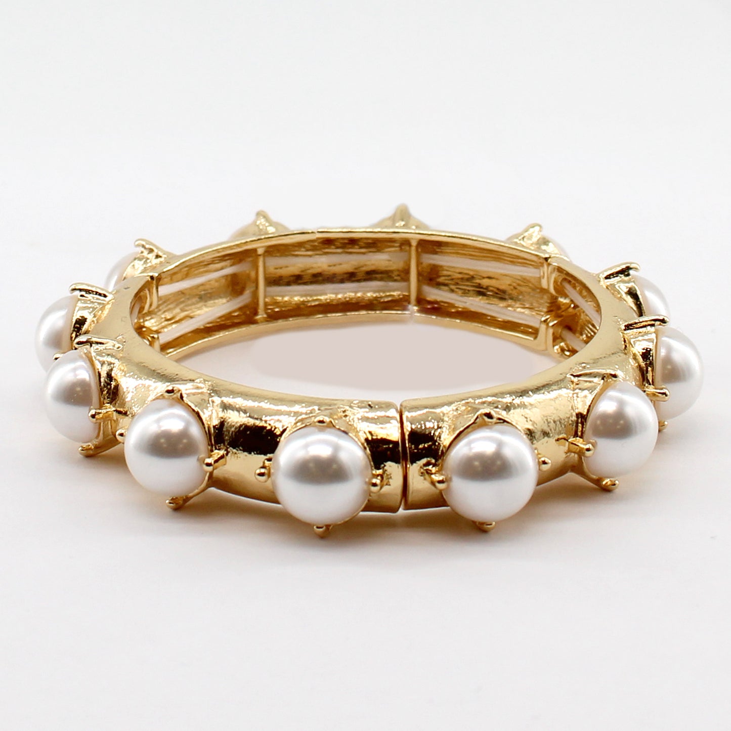 Hammered Gold Bracelet with Pearl Beaded Accents Stretch Bracelet