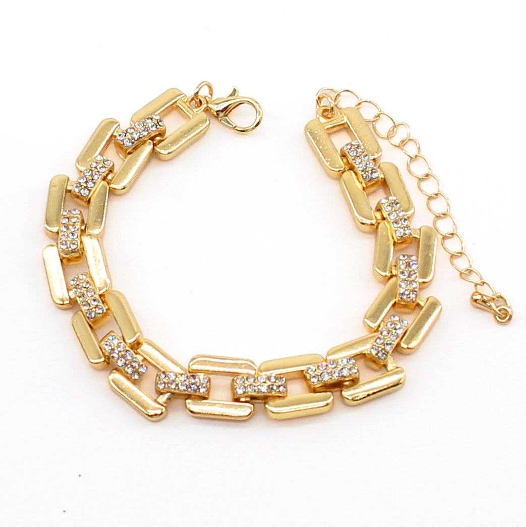 Gold Watch Band and Rhinestone Bar 7.5-8" Bracelet