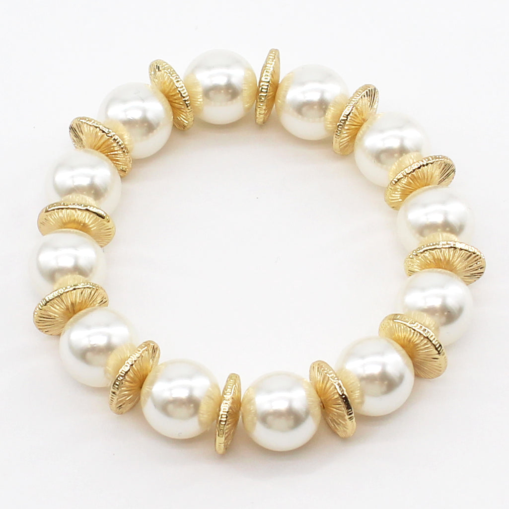 Pearl Beaded with Gold Flat Beaded Stretch Bracelet