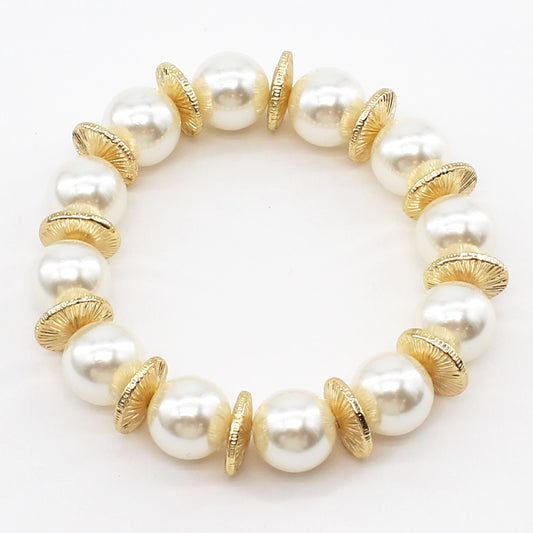 Pearl Beaded with Gold Flat Beaded Stretch Bracelet