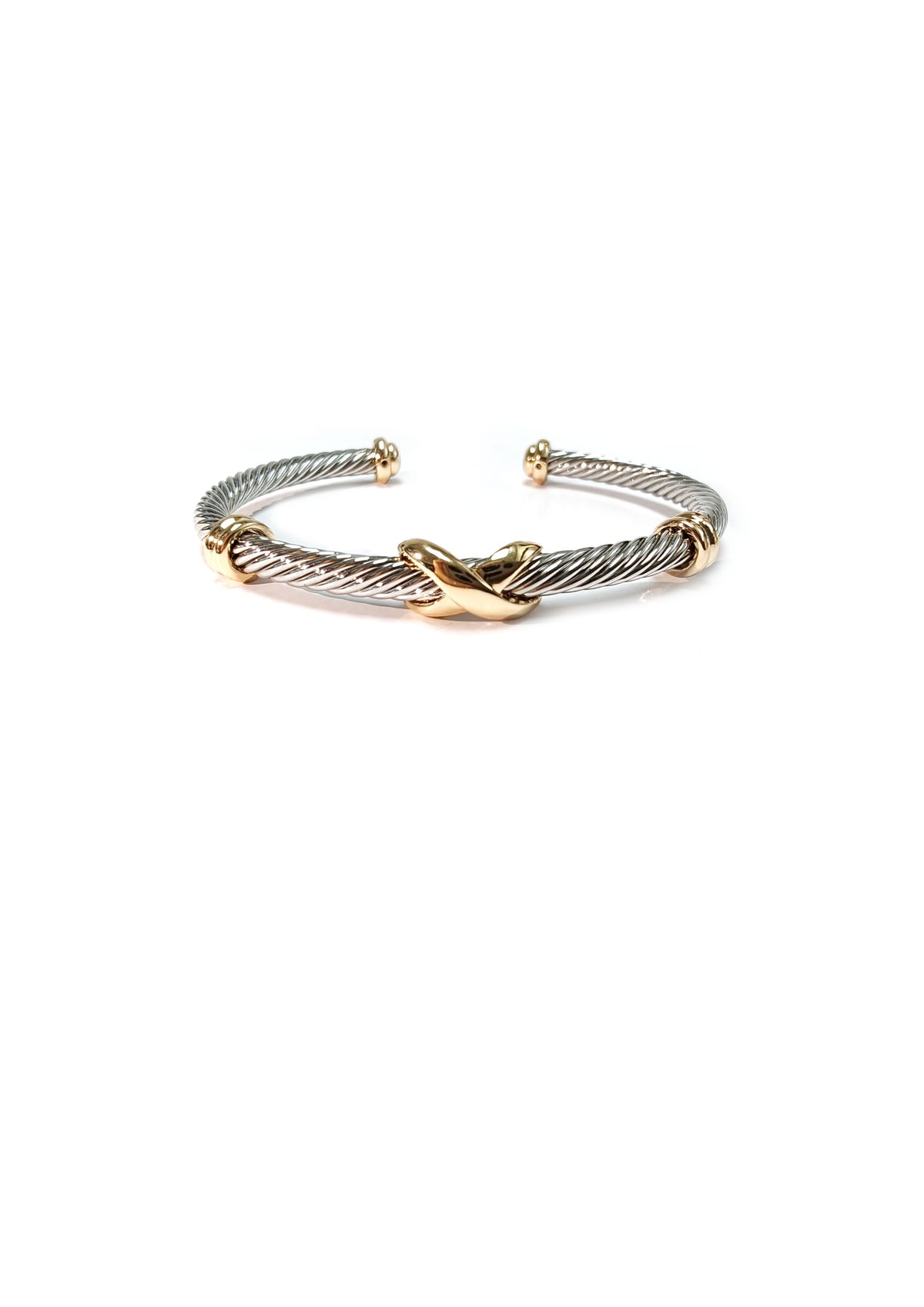 Silver Wired Cuff with Three Gold X Design Bracelet