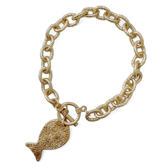 Worn Gold Textured Chain with Gold Hammered Fish Toggle Charm Bracelet