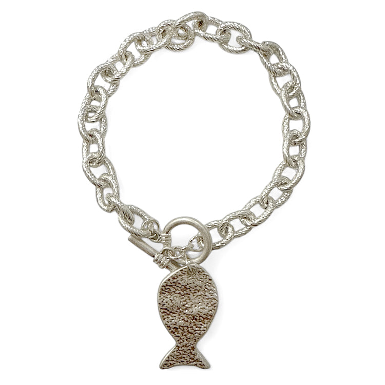 Worn Silver Textured Chain with Silver Hammered Fish Toggle Charm Bracelet