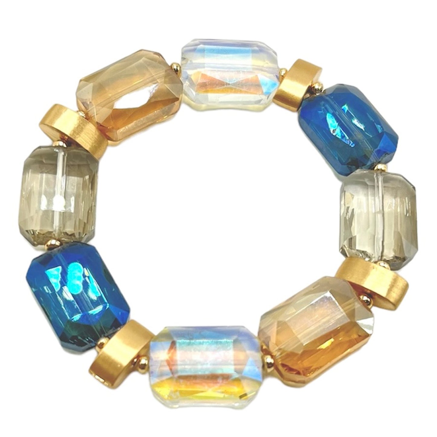 Rectangle Multi Crystal Stone and Gold Stretch Bracelet