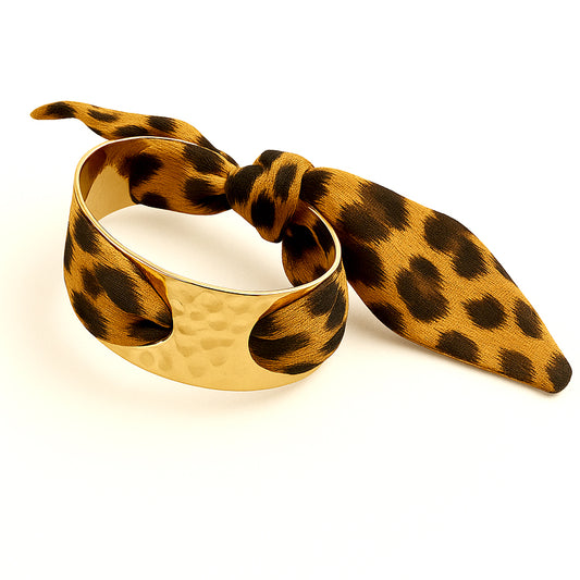 Cheetah Print Scarf Tie Bracelet with Gold Accents