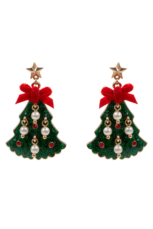 Green Acrylic Christmas Tree with Pearl Accents 1.75" Earring