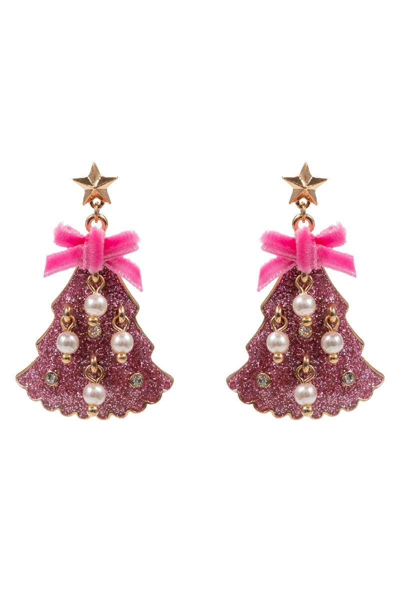 Pink Acrylic Christmas Tree with Pearl Accents 1.75" Earring