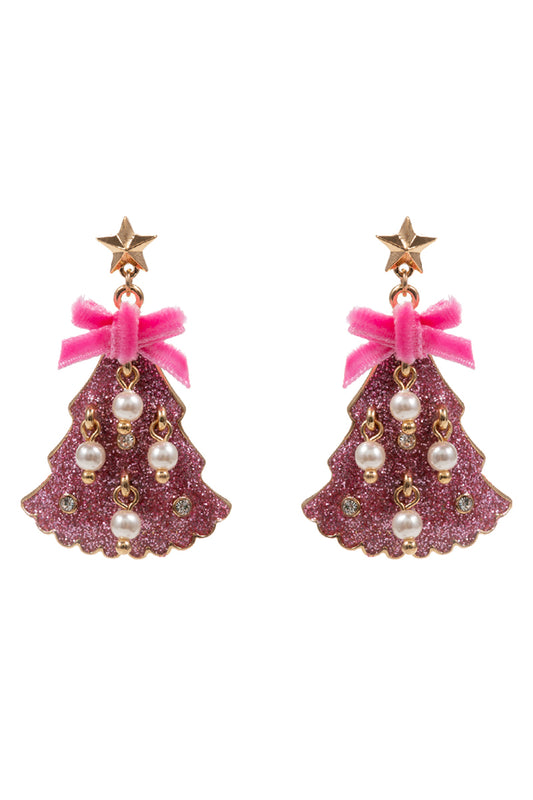 Pink Acrylic Christmas Tree with Pearl Accents 1.75" Earring