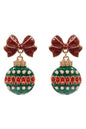 Red and Green Rhinestone Bow and Ornament Christmas 1.5" Earring