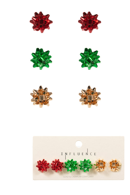 Set of 3 Bow Stud Earrings. Red, Green, and Gold