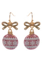 Gold Bow with Pink and White Glitter Ornament 2" Christmas Earring