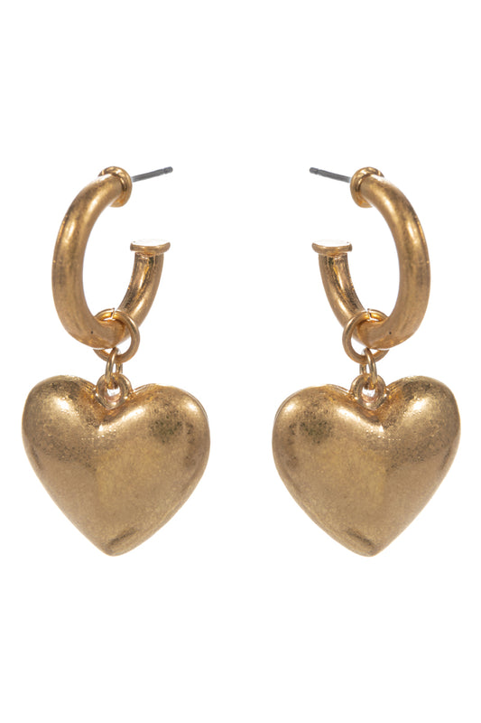 Vintage Gold Puffy Heart 2" Drop Earring