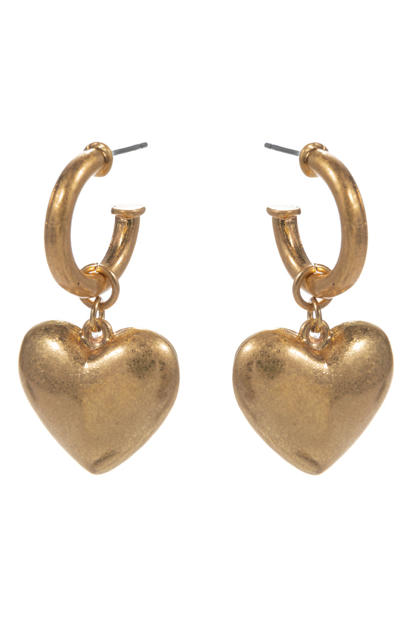 Shiny Gold Puffy Heart 2" Drop Earring