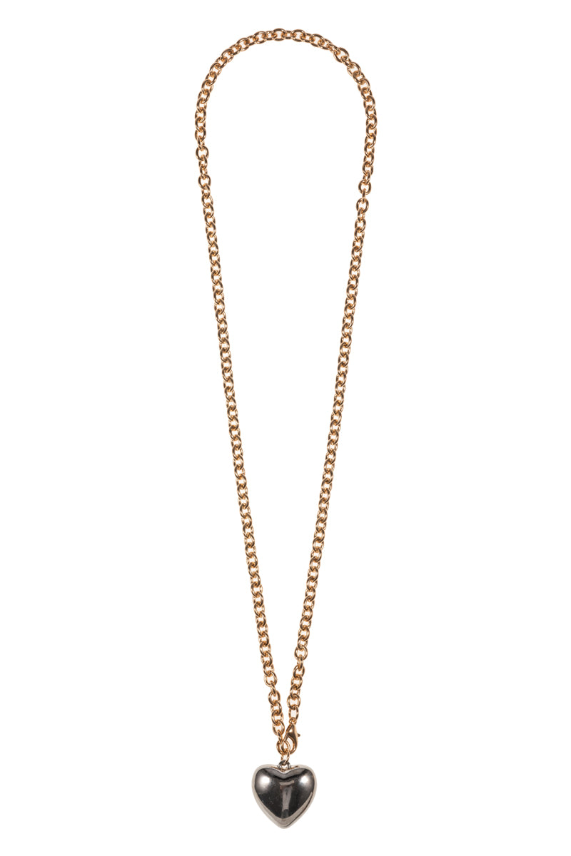 Gold 32" Necklace with Silver Puffy Heart Charm