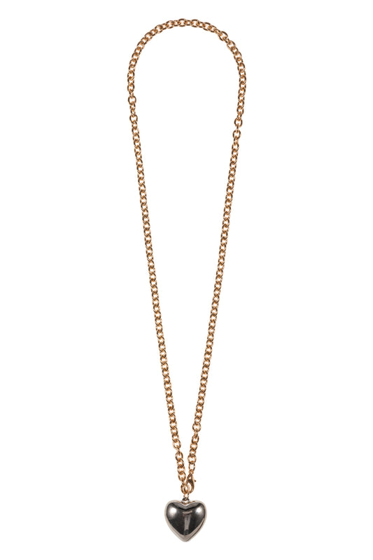 Gold 32" Necklace with Silver Puffy Heart Charm