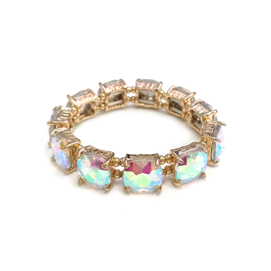 AB Crystal Square and Gold Stretch Bracelet
