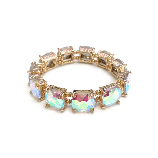 AB Crystal Square and Gold Stretch Bracelet